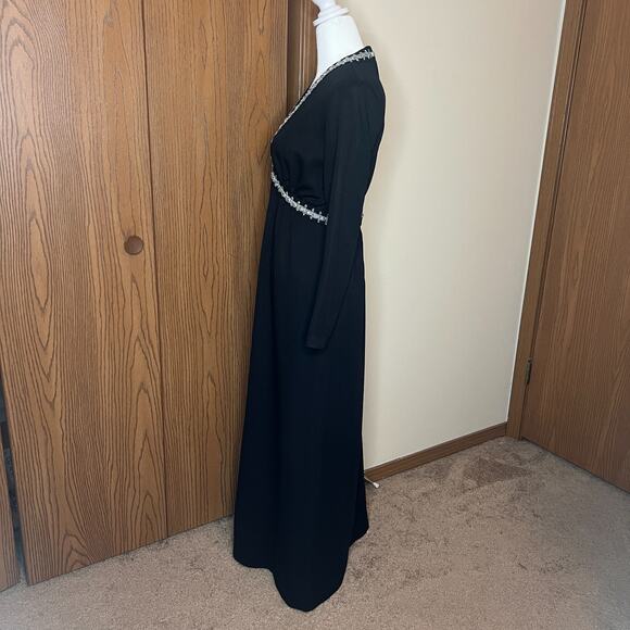 Vtg 70s Black Maxi Dress Embellished Empire Waist Witchy Whimsigoth Wednesday - Picture 6 of 11